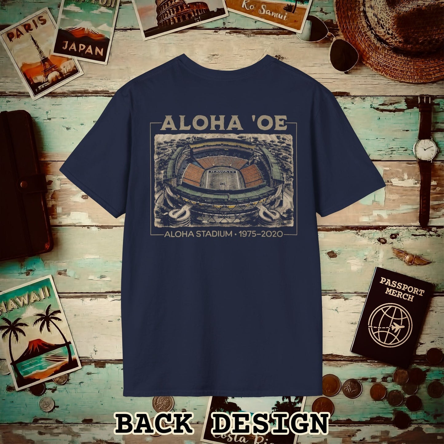 Aloha Oe, Stadium Aerial Sketch, Hawaii Back Print T-Shirt Navy / S