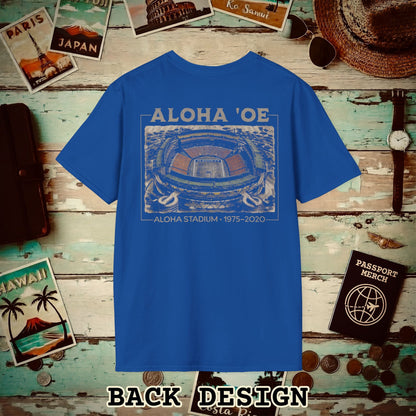 Aloha Oe, Stadium Aerial Sketch, Hawaii Back Print T-Shirt Royal / S