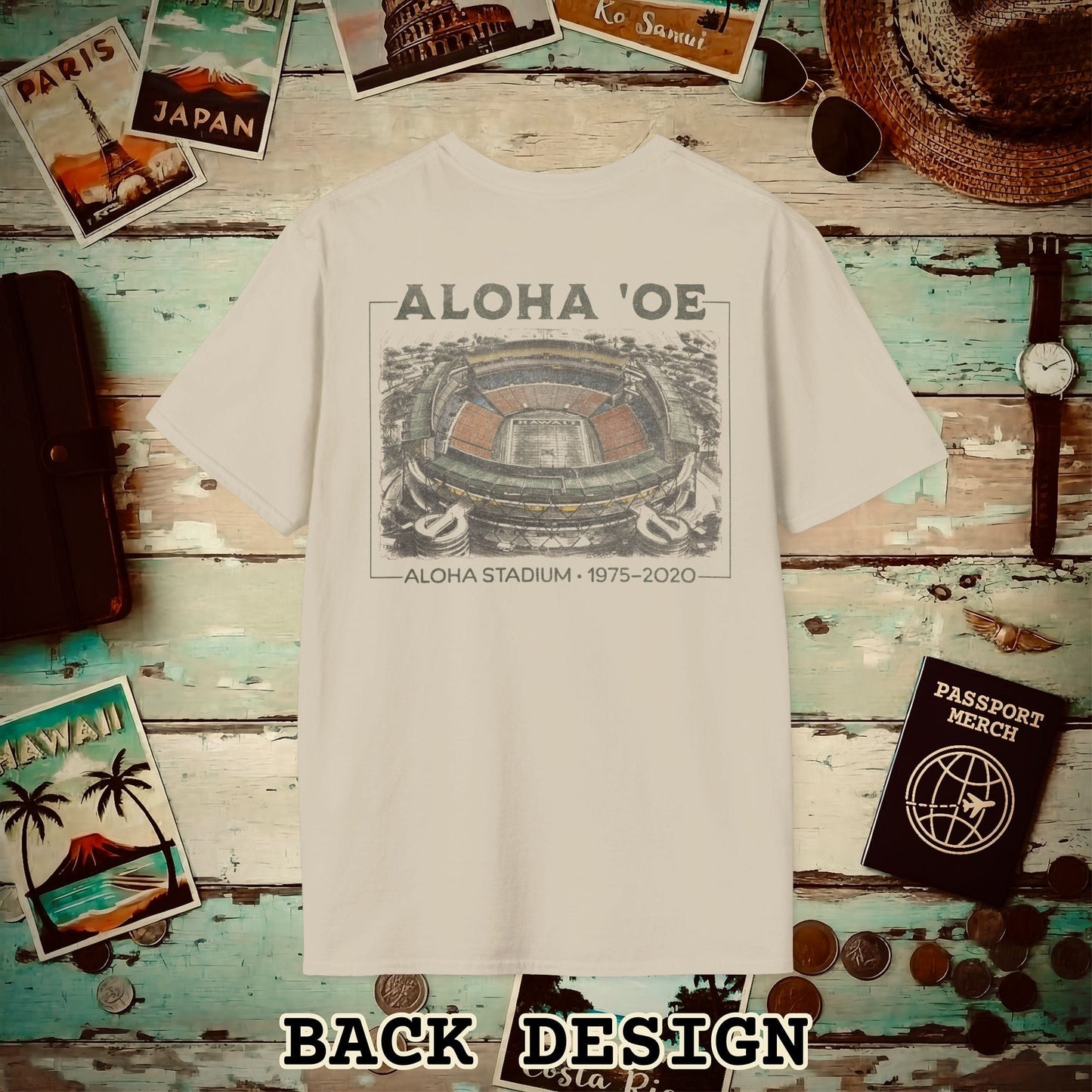 Aloha Oe, Stadium Aerial Sketch, Hawaii Back Print T-Shirt Sand / S