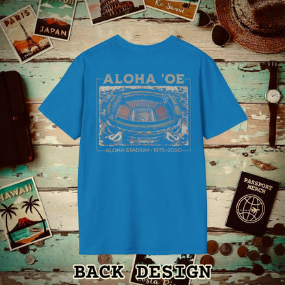 Aloha Oe, Stadium Aerial Sketch, Hawaii Back Print T-Shirt Sapphire / S