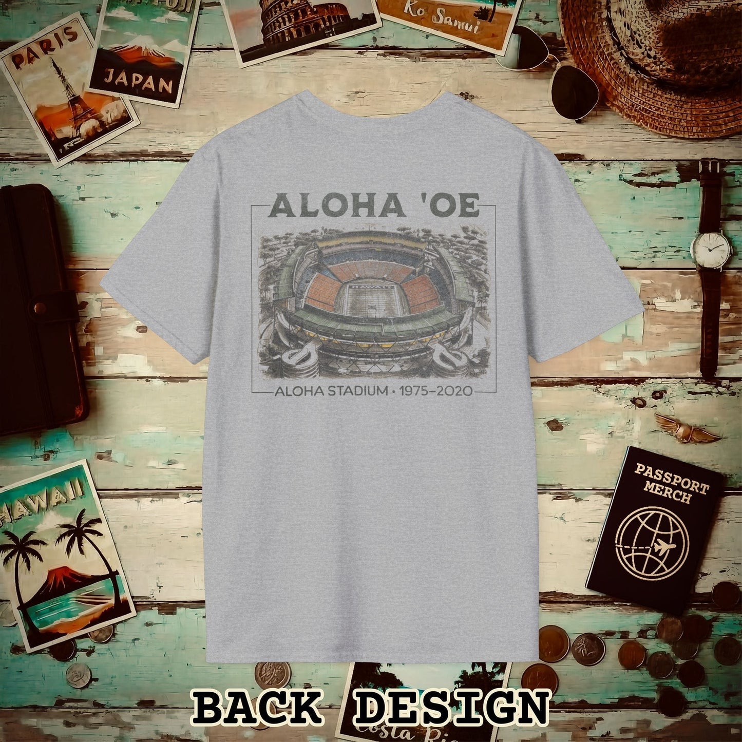 Aloha Oe, Stadium Aerial Sketch, Hawaii Back Print T-Shirt Sport Grey / S