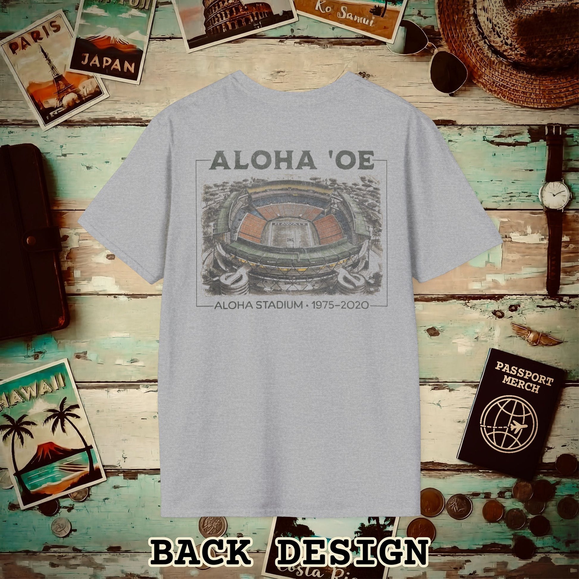 Aloha Oe, Stadium Aerial Sketch, Hawaii Back Print T-Shirt Sport Grey / S
