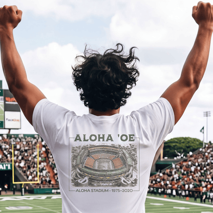 Aloha Oe, Stadium Aerial Sketch, Hawaii Back Print T-Shirt White / S