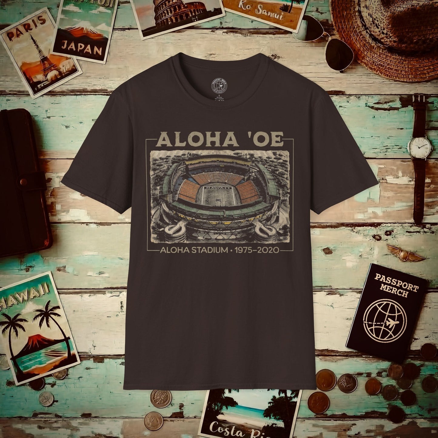 Aloha Oe, Stadium Aerial Sketch, Hawaii T-Shirt Dark Chocolate / S