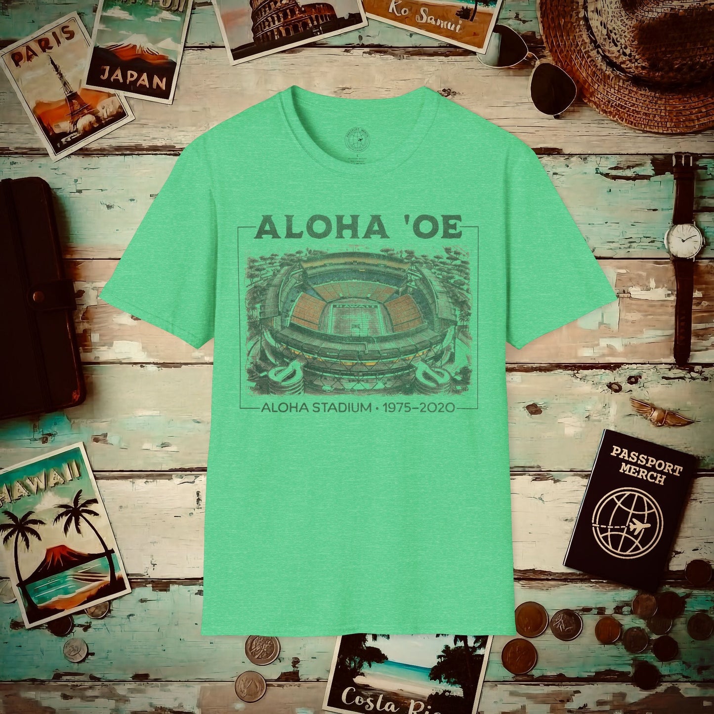 Aloha Oe, Stadium Aerial Sketch, Hawaii T-Shirt Heather Irish Green / S