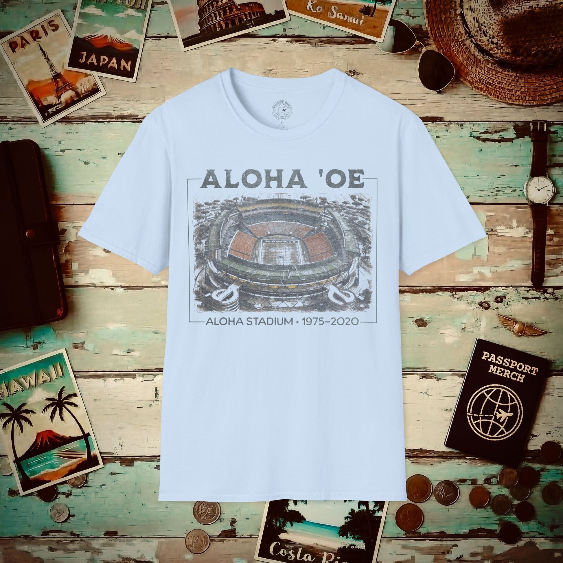 Aloha Oe, Stadium Aerial Sketch, Hawaii T-Shirt Light Blue / S