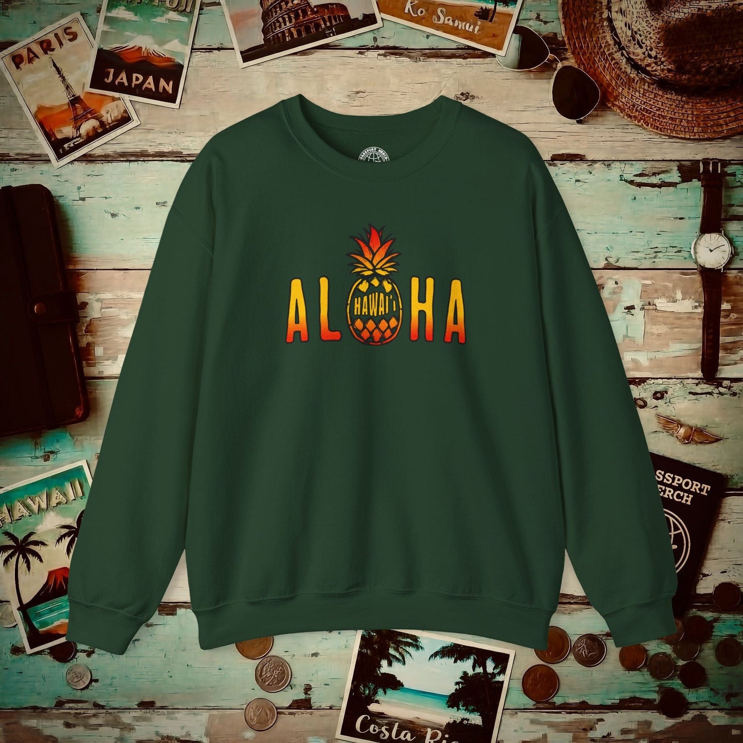 Aloha Pineapple Fire, Hawaii Crewneck Forest Green / S
