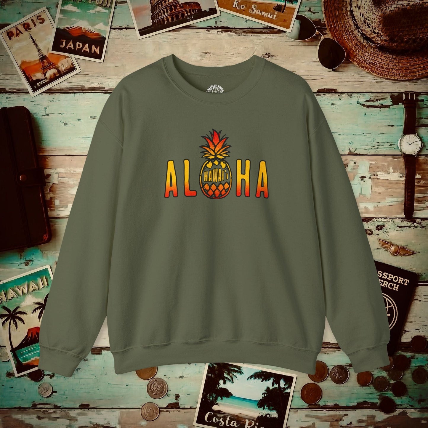 Aloha Pineapple Fire, Hawaii Crewneck Military Green / S