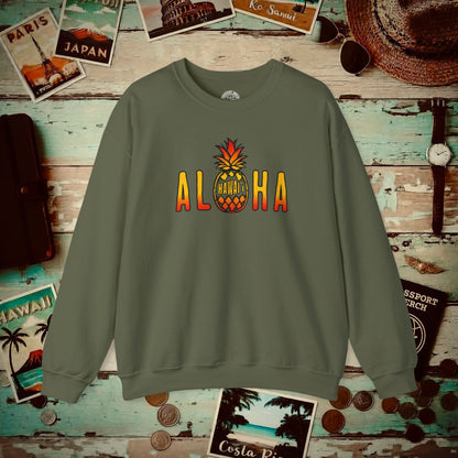 Aloha Pineapple Fire, Hawaii Crewneck Military Green / S
