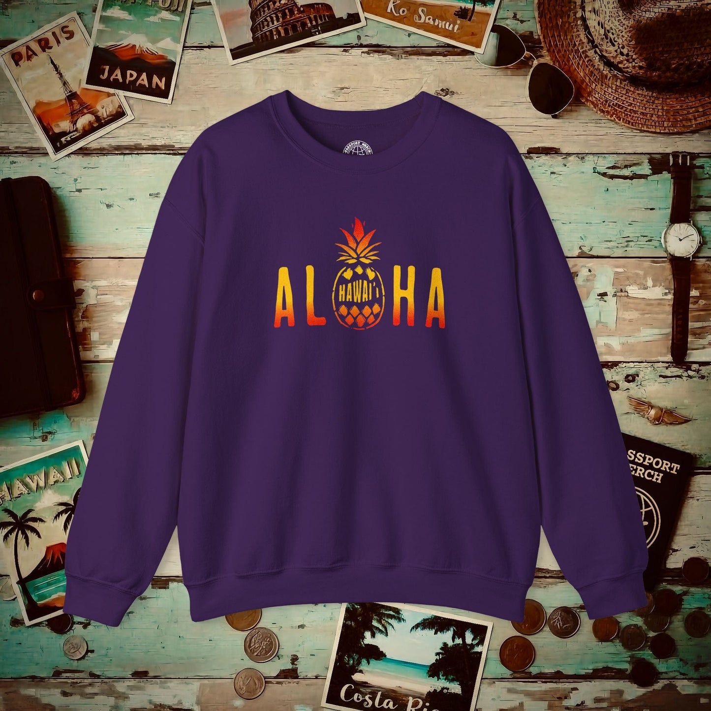 Aloha Pineapple Fire, Hawaii Crewneck Purple / S
