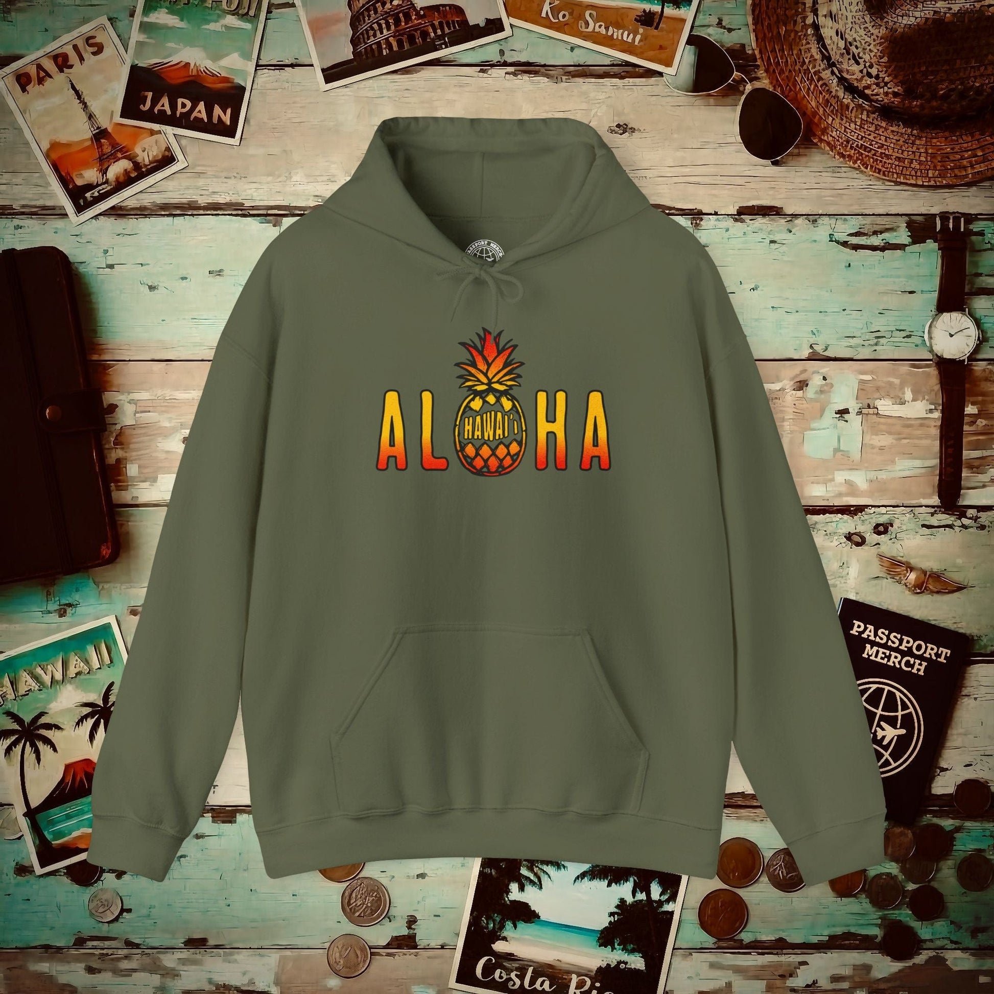 Aloha Pineapple Fire, Hawaii Hoodie Military Green / S