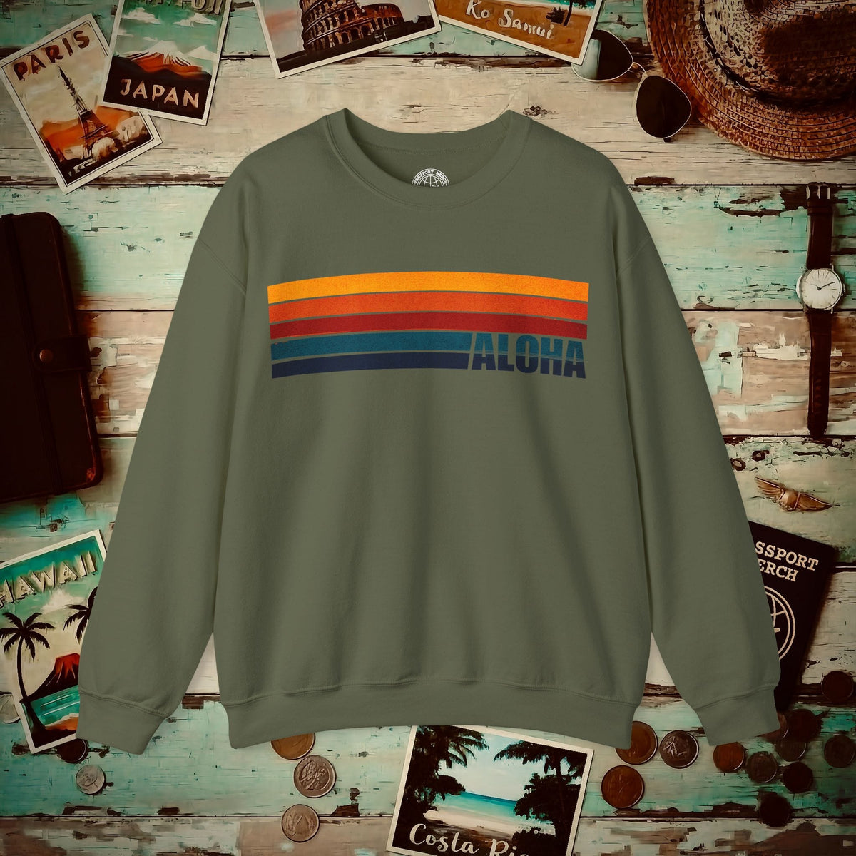 Aloha Retro Stripes, Hawaii Crewneck Military Green / S
