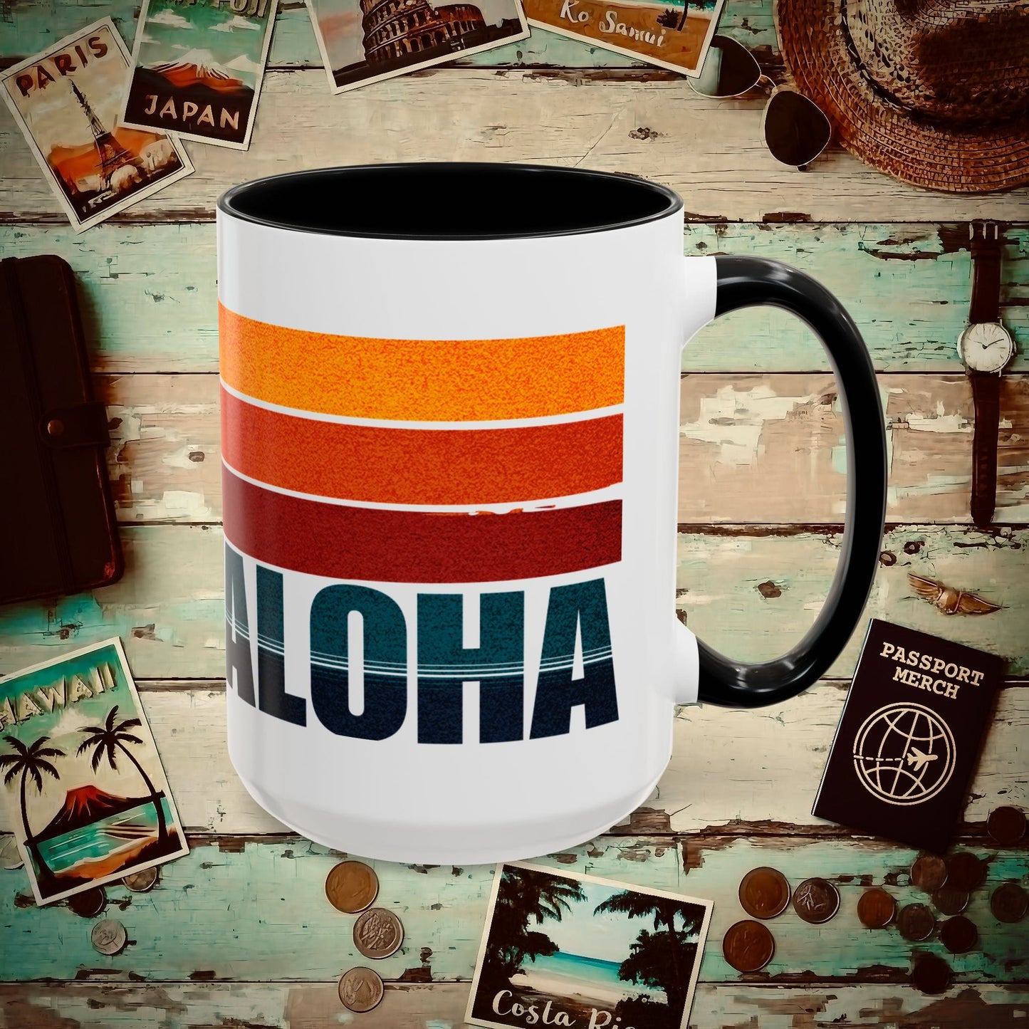 Aloha Retro Stripes, Hawaii, Hawaii 15oz Mug Black / 15oz