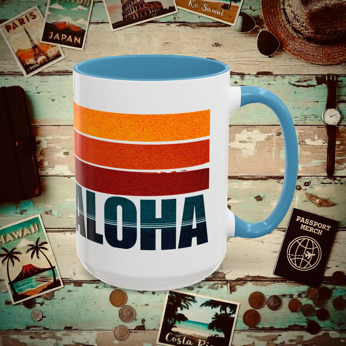 Aloha Retro Stripes, Hawaii, Hawaii 15oz Mug Light Blue / 15oz