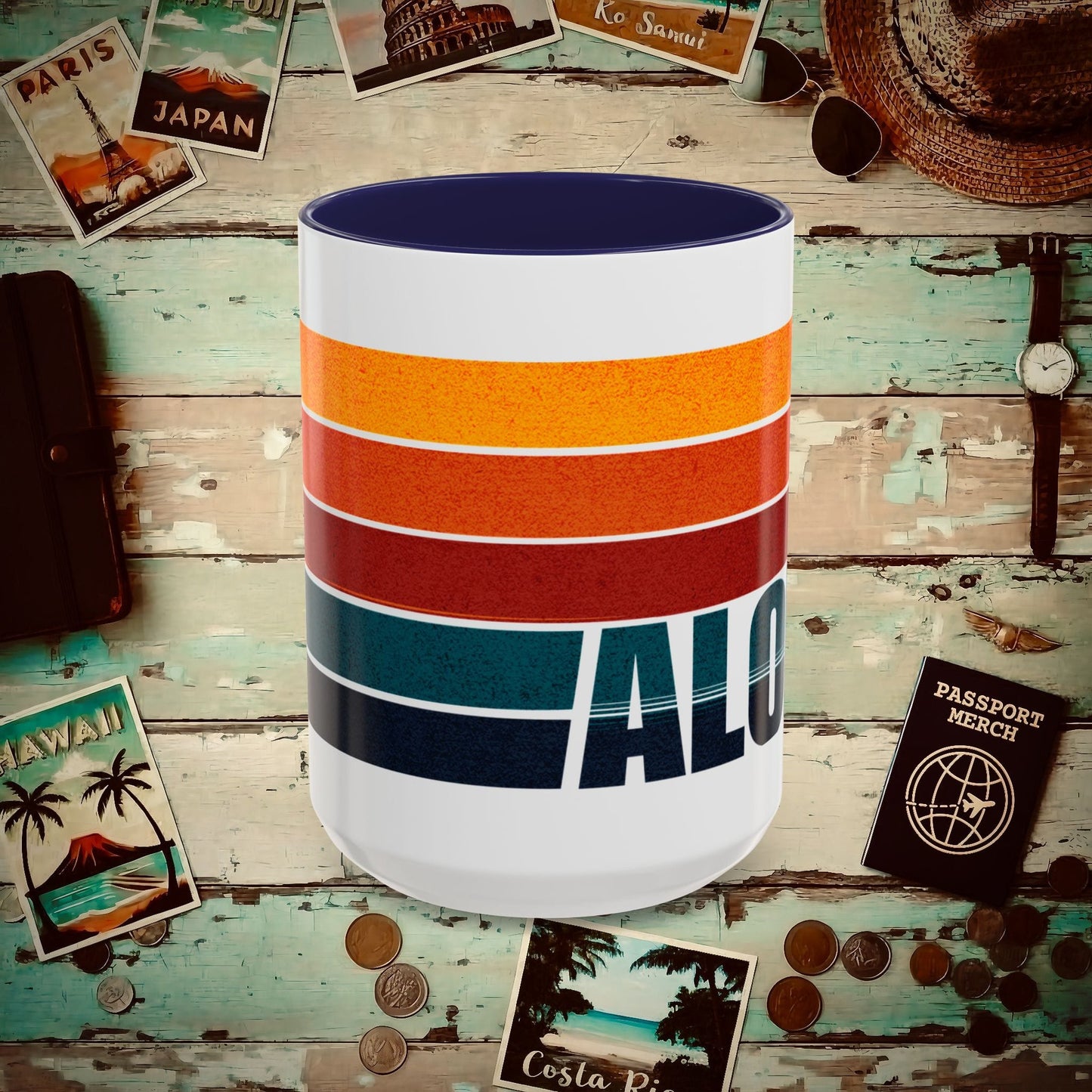 Aloha Retro Stripes, Hawaii, Hawaii 15oz Mug Navy / 15oz