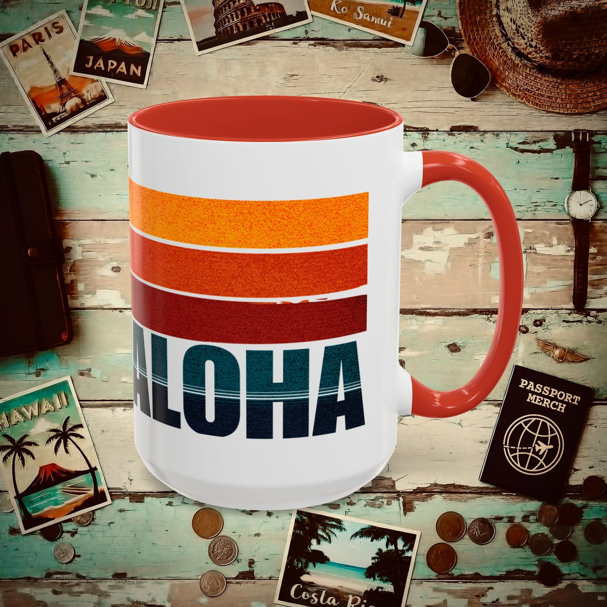 Aloha Retro Stripes, Hawaii, Hawaii 15oz Mug Red / 15oz
