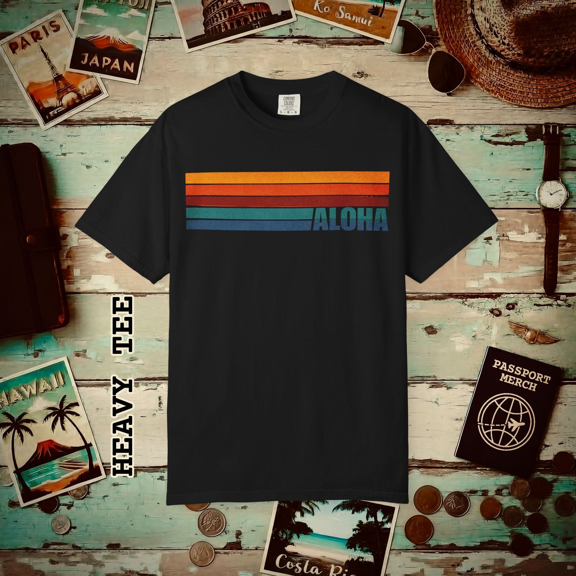 Aloha Retro Stripes, Hawaii Heavy Tee Black / S