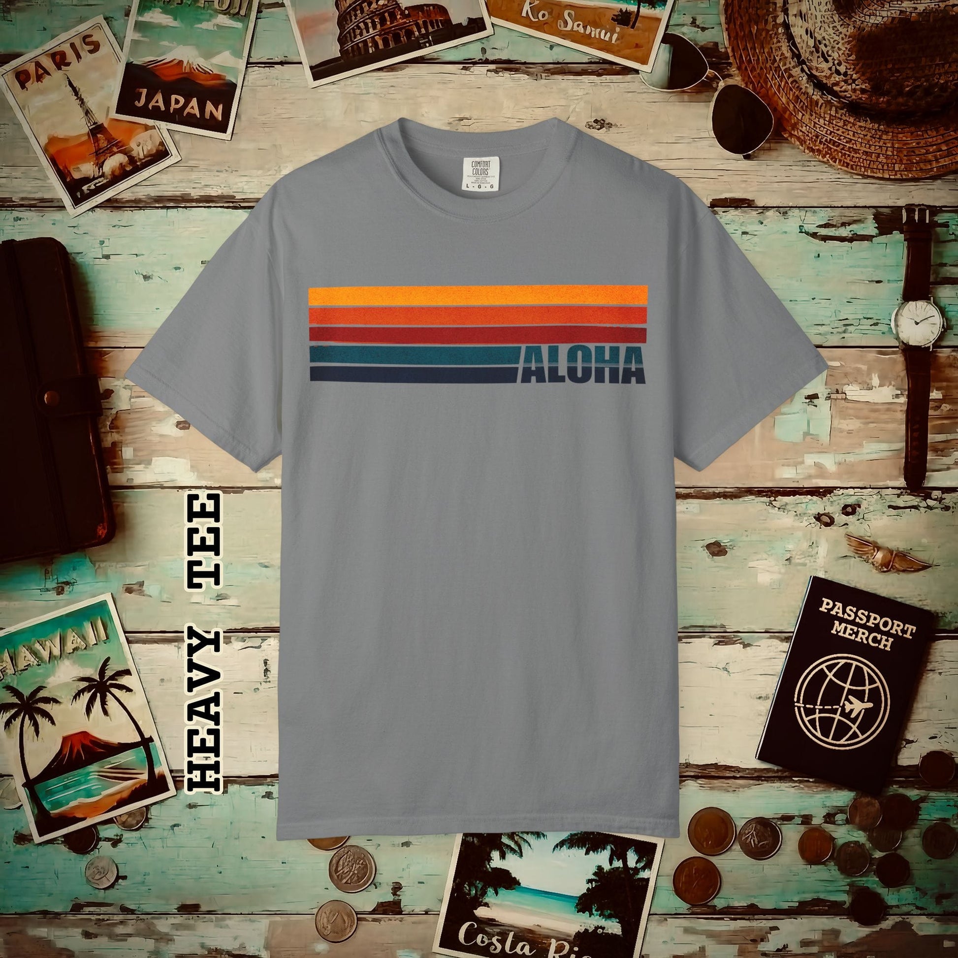 Aloha Retro Stripes, Hawaii Heavy Tee Grey / S