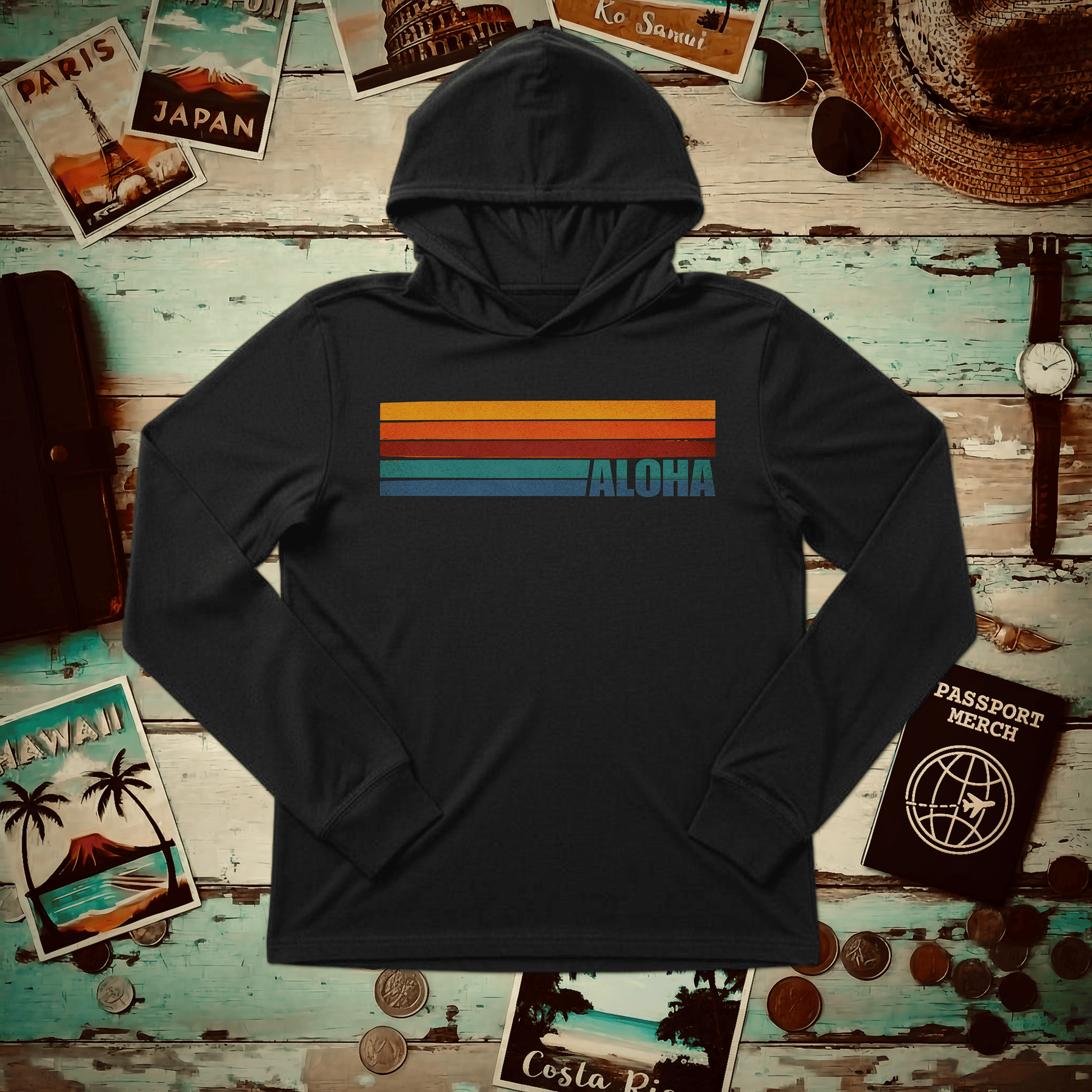 Aloha Retro Stripes, Hawaii Hooded Long Sleeve Black / S