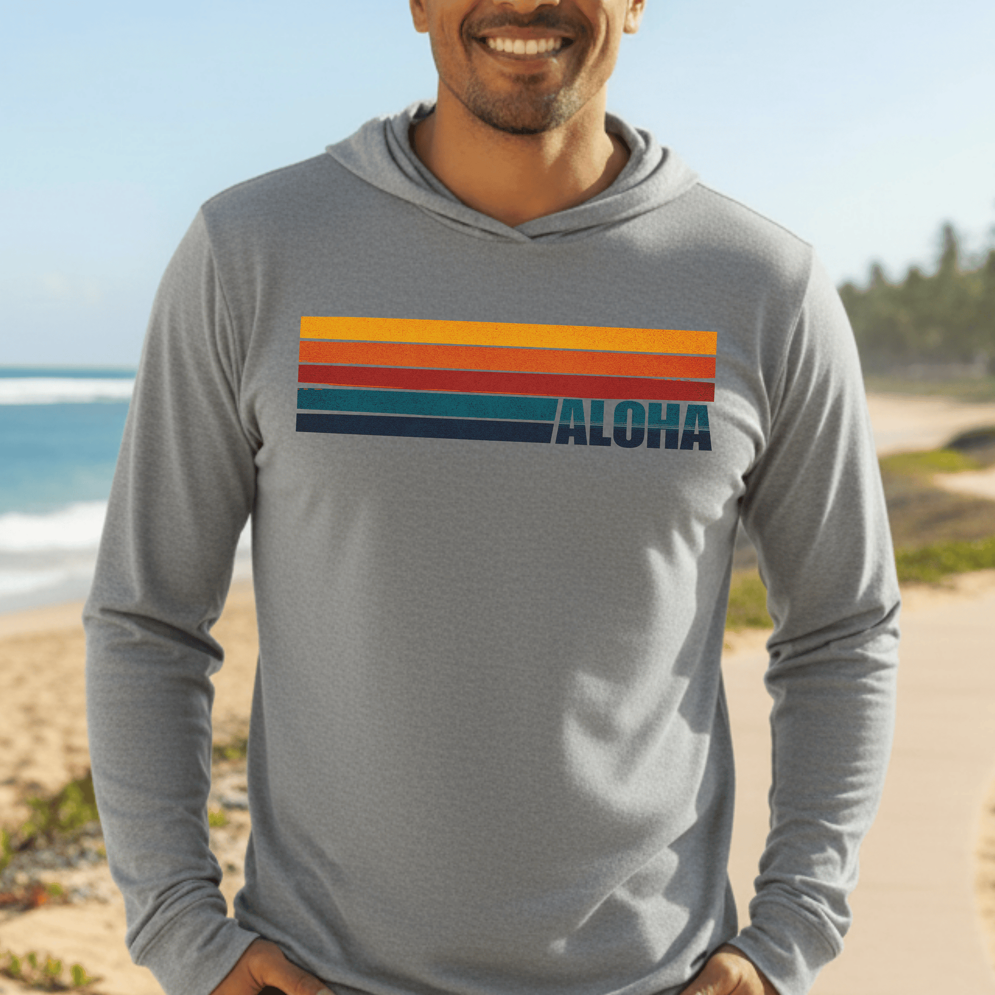 Aloha Retro Stripes, Hawaii Hooded Long Sleeve Grey TriBlend / XS