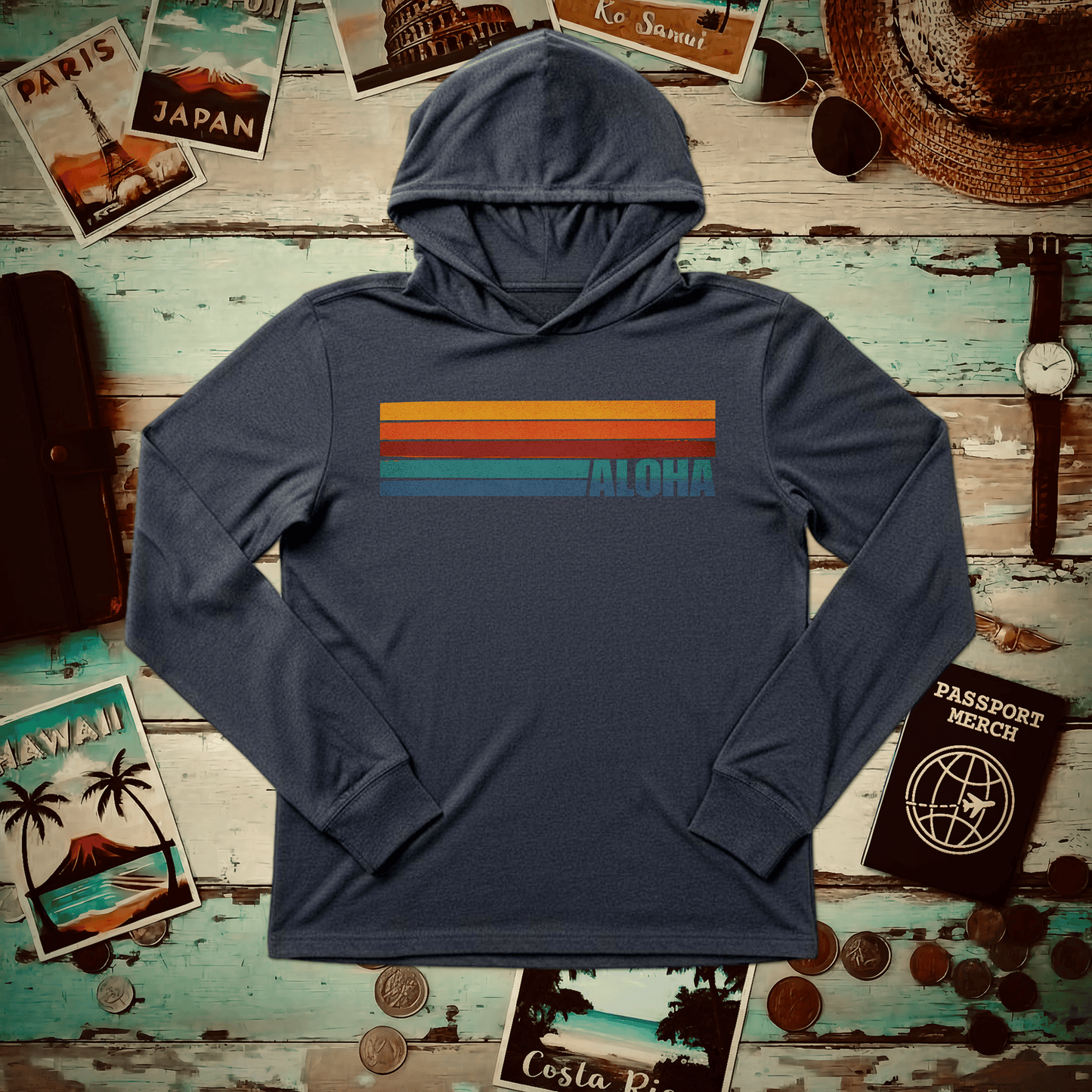 Aloha Retro Stripes, Hawaii Hooded Long Sleeve Heather Navy / XS