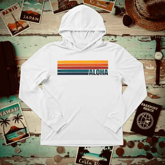 Aloha Retro Stripes, Hawaii Hooded Long Sleeve White / XS