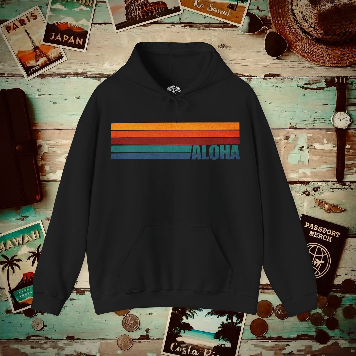 Aloha Retro Stripes, Hawaii Hoodie Black / S
