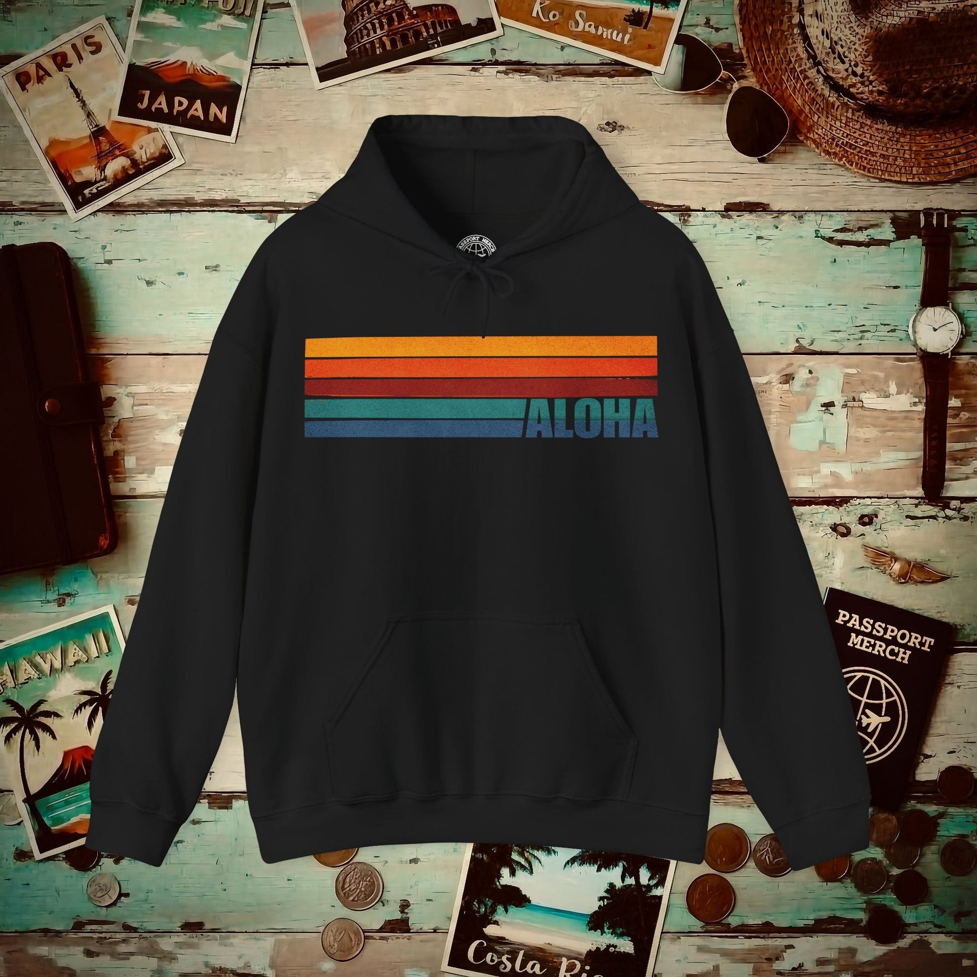 Aloha Retro Stripes, Hawaii Hoodie Black / S