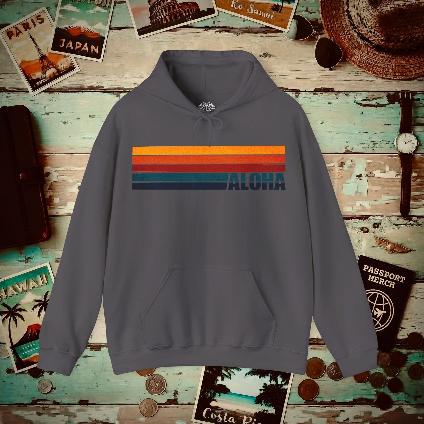 Aloha Retro Stripes, Hawaii Hoodie Charcoal / S