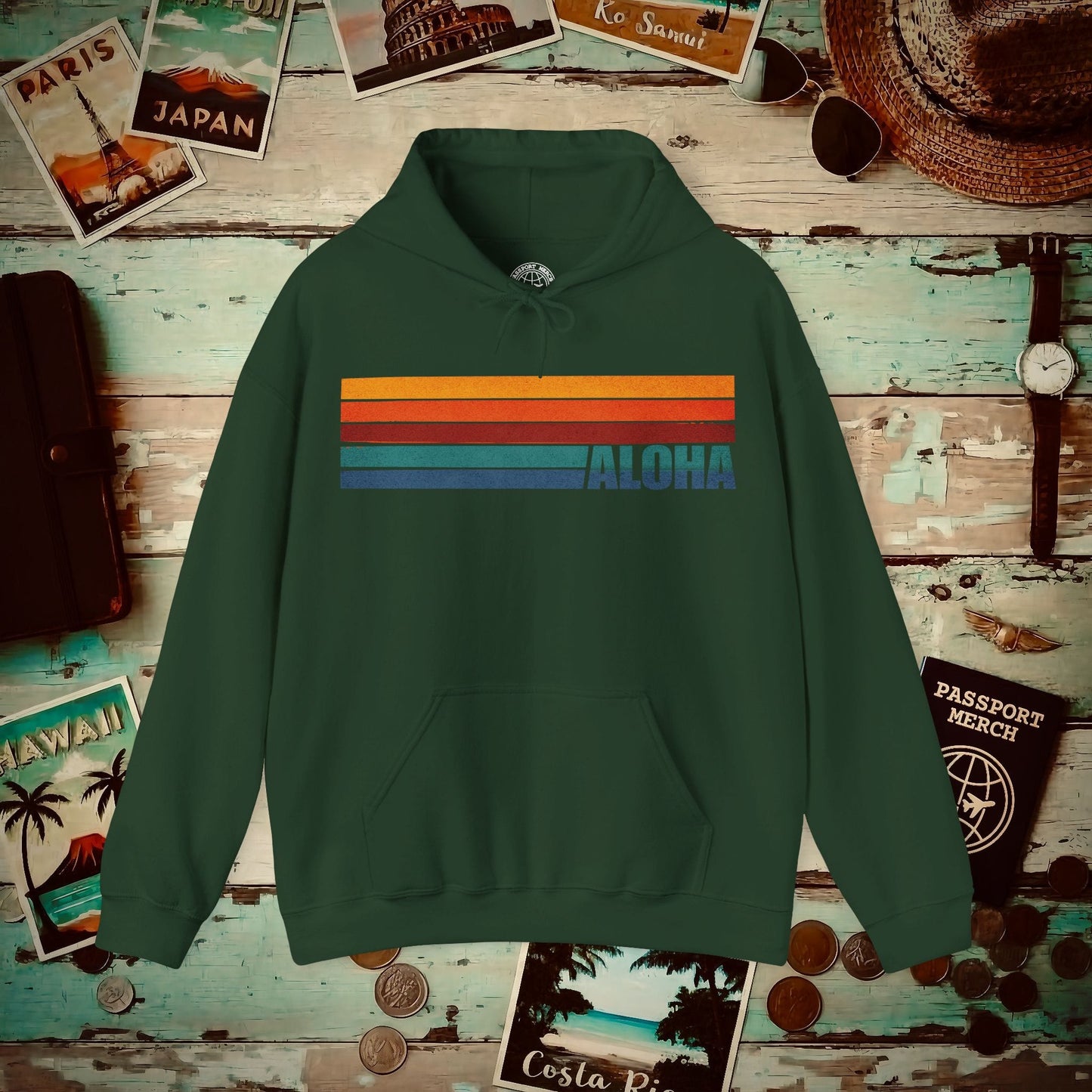 Aloha Retro Stripes, Hawaii Hoodie Forest Green / S