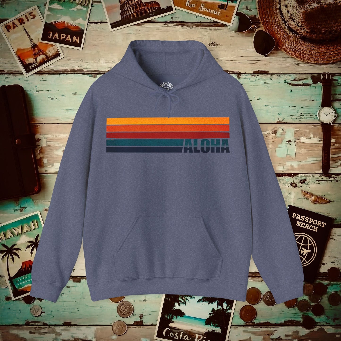 Aloha Retro Stripes, Hawaii Hoodie Heather Navy / S