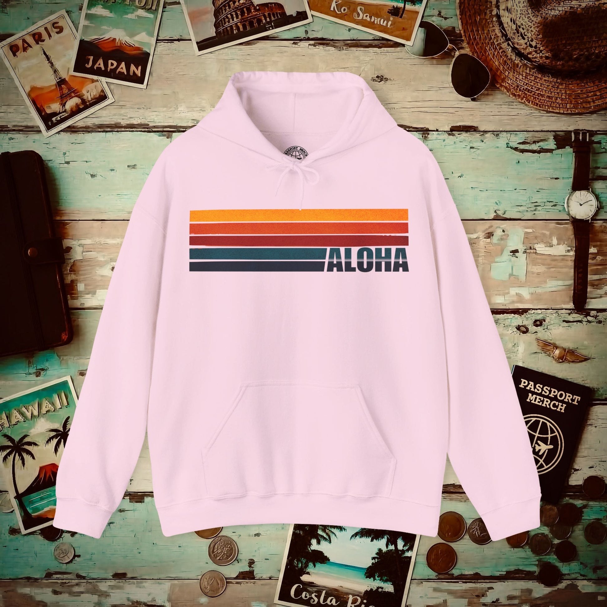 Aloha Retro Stripes, Hawaii Hoodie Light Pink / S