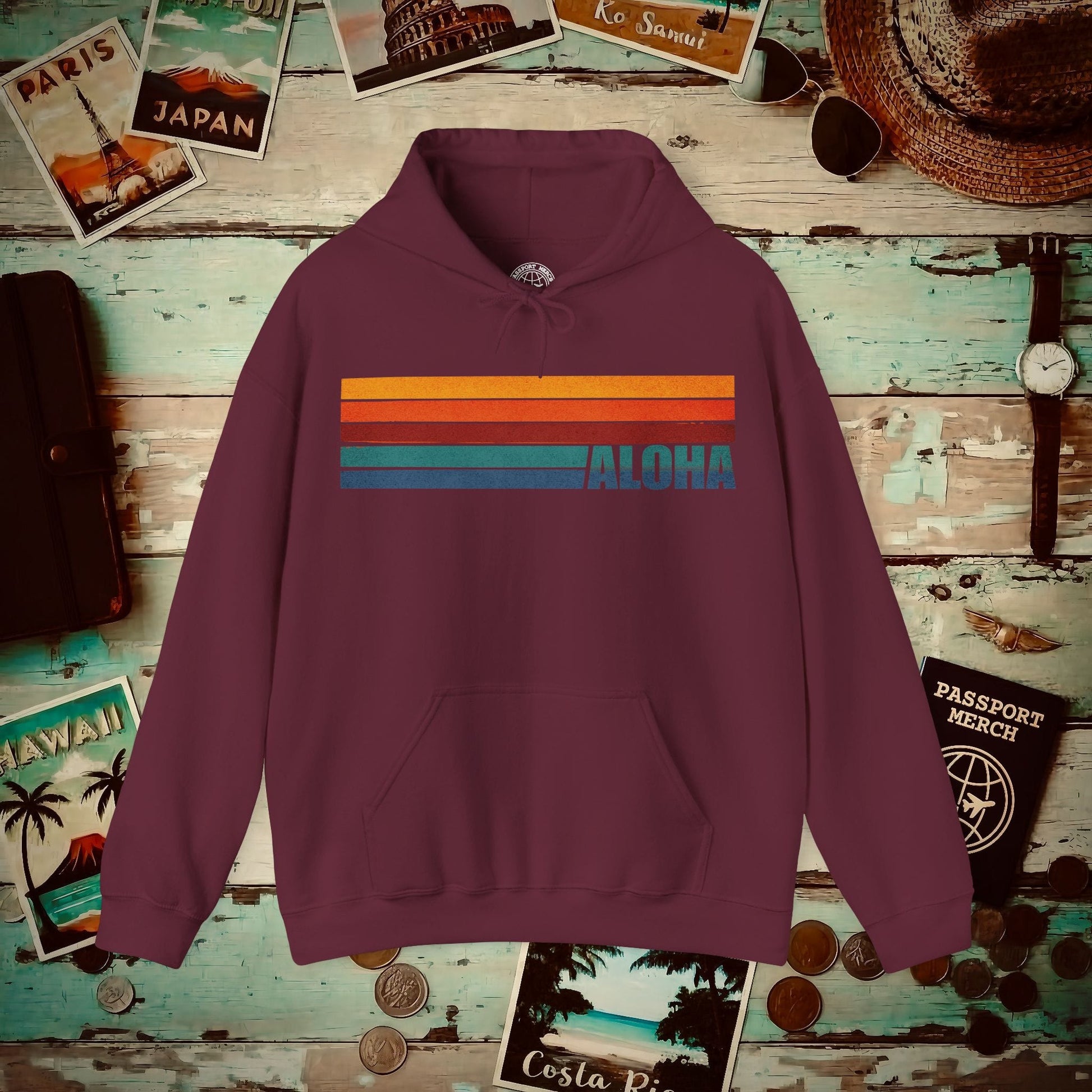 Aloha Retro Stripes, Hawaii Hoodie Maroon / S