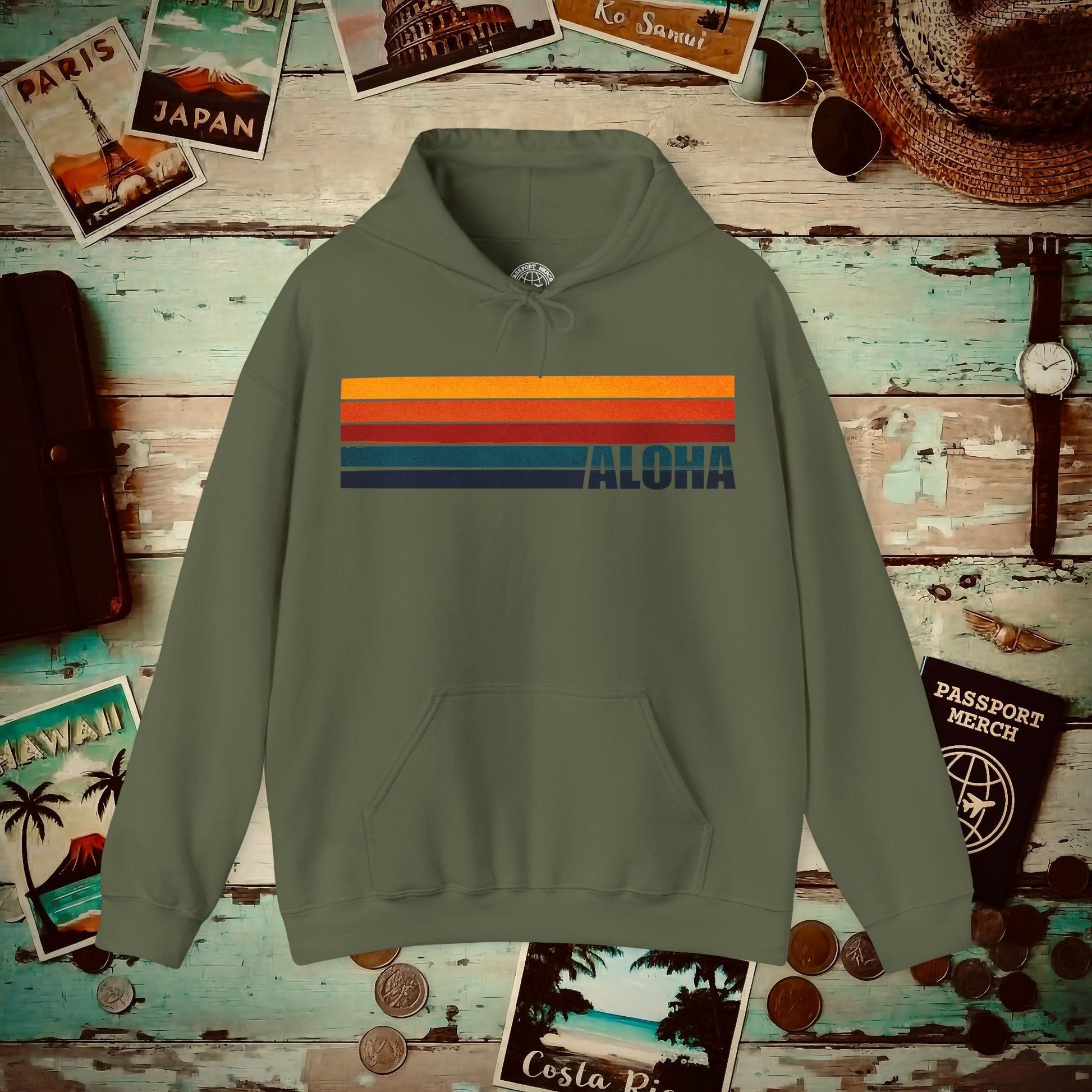 Aloha Retro Stripes, Hawaii Hoodie Military Green / S
