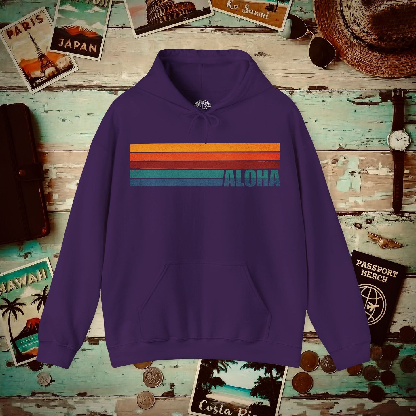 Aloha Retro Stripes, Hawaii Hoodie Purple / S
