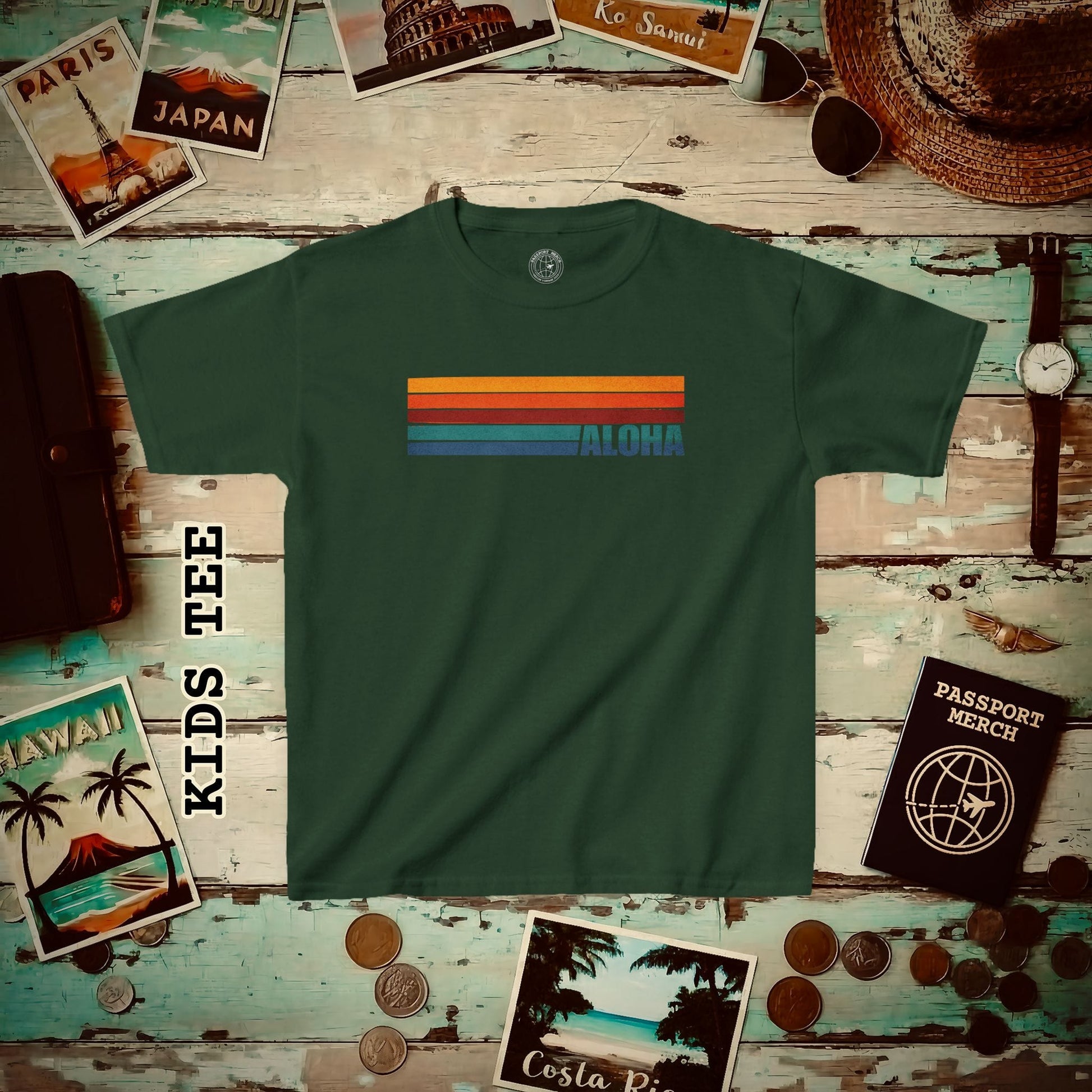 Aloha Retro Stripes, Hawaii Kids Tee Forest Green / XS