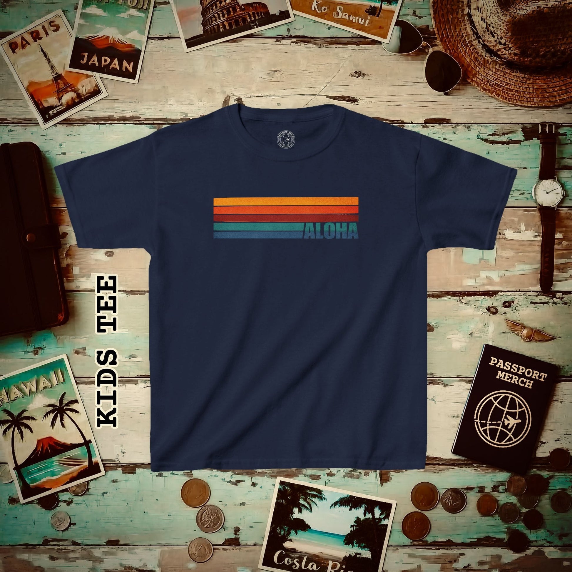 Aloha Retro Stripes, Hawaii Kids Tee Navy / XS