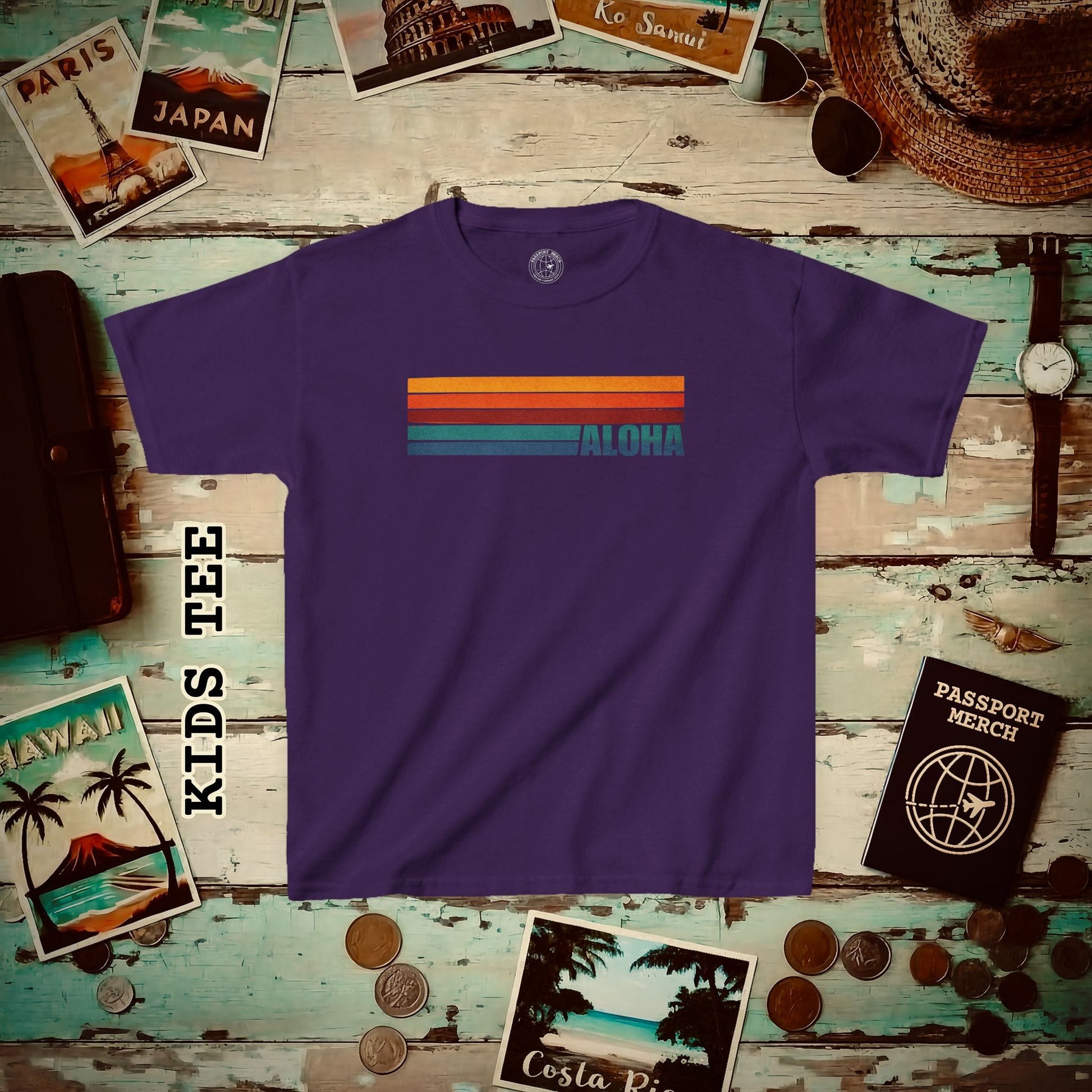 Aloha Retro Stripes, Hawaii Kids Tee Purple / XS