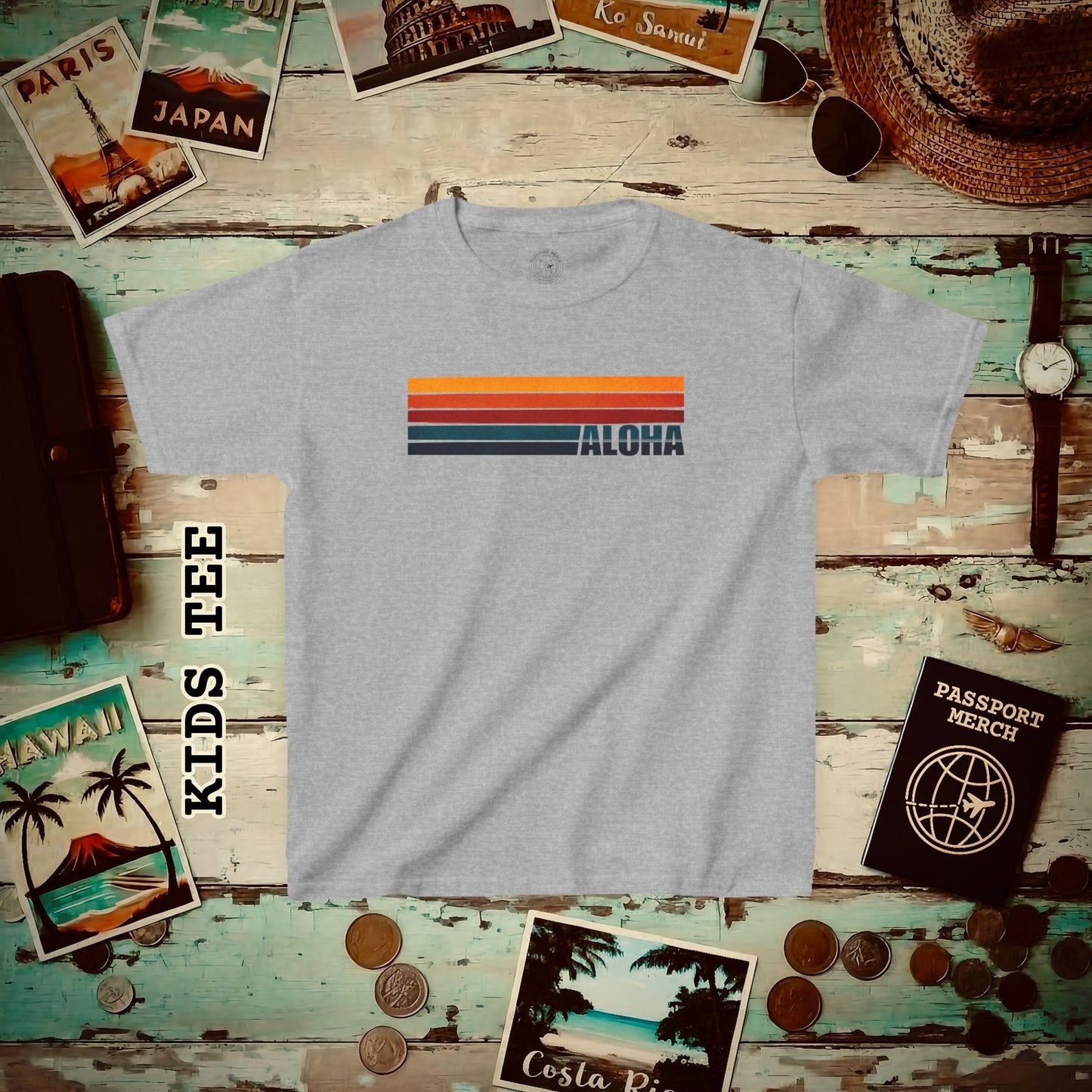 Aloha Retro Stripes, Hawaii Kids Tee Sport Grey / XS