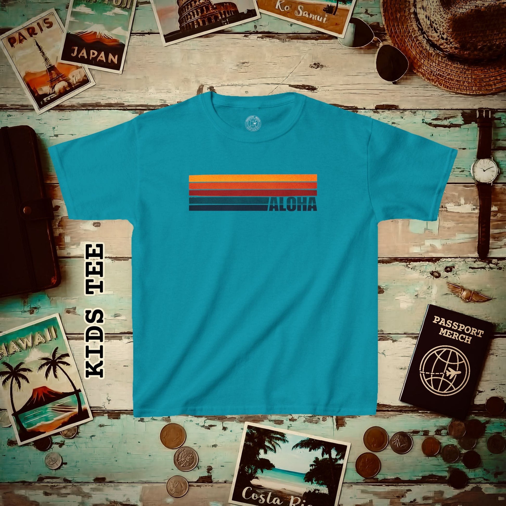 Aloha Retro Stripes, Hawaii Kids Tee Tropical Blue / XS