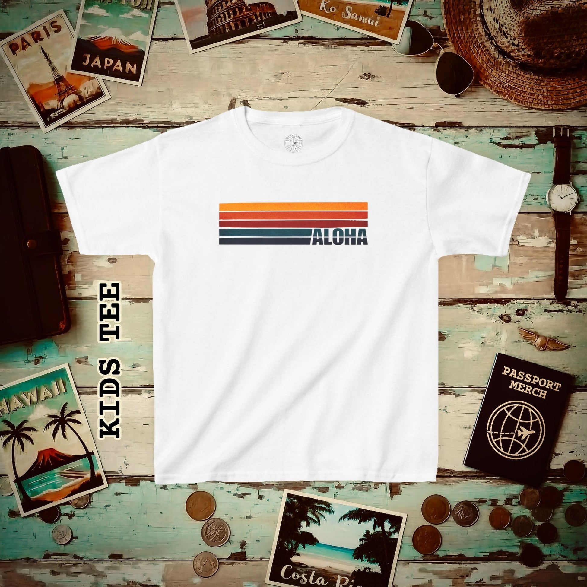 Aloha Retro Stripes, Hawaii Kids Tee White / XS