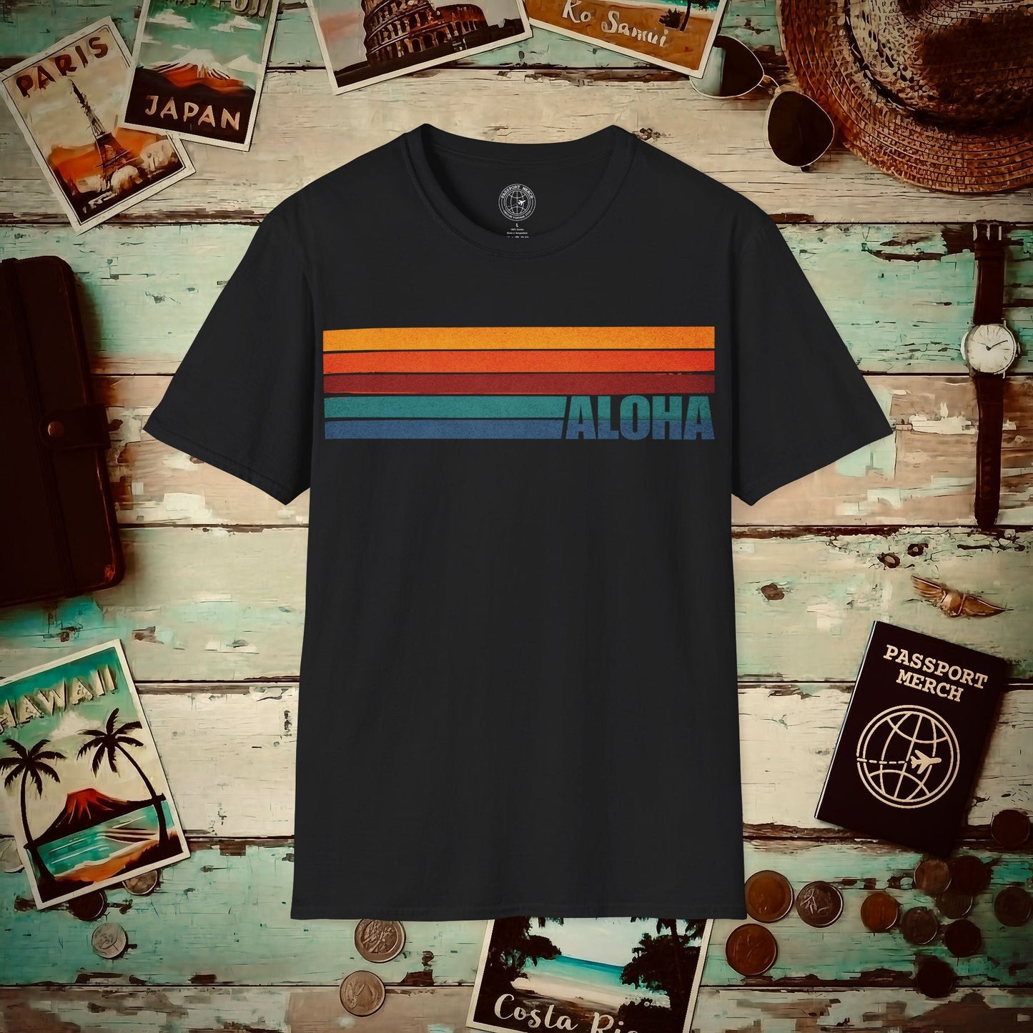 Aloha Retro Stripes, Hawaii T-Shirt Black / S