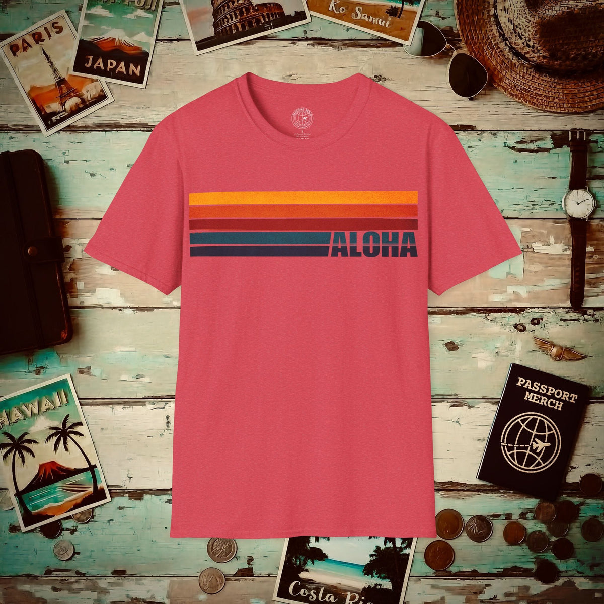 Aloha Retro Stripes, Hawaii T-Shirt Heather Red / S