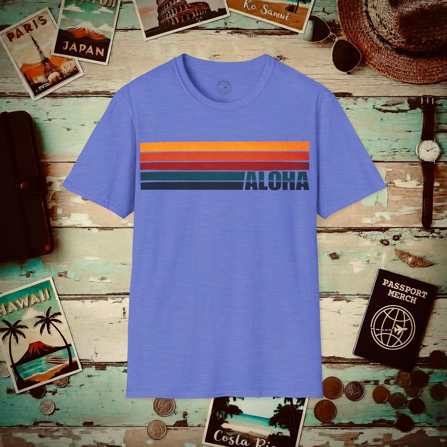 Aloha Retro Stripes, Hawaii T-Shirt Heather Royal / S