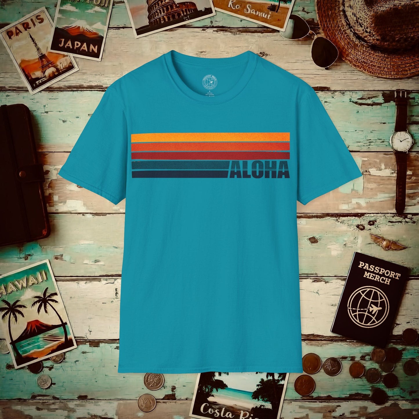 Aloha Retro Stripes, Hawaii T-Shirt Tropical Blue / S