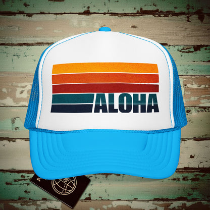 Aloha Retro Stripes, Hawaii Trucker Hat Blue/White / One size