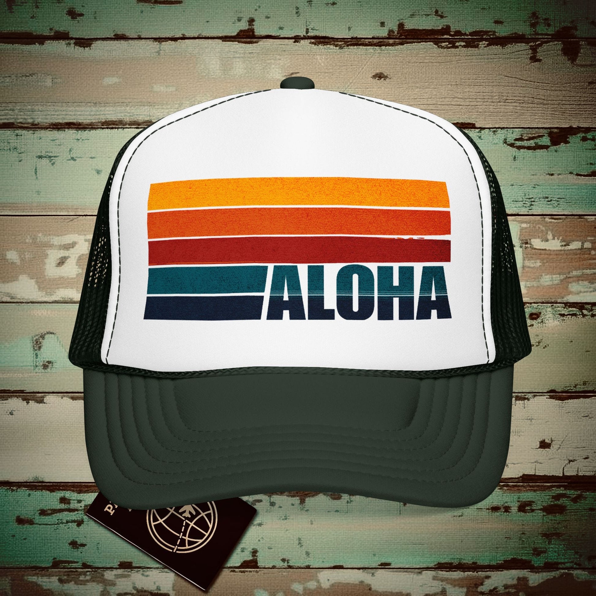 Aloha Retro Stripes, Hawaii Trucker Hat Dark Green / White / Dark Green / One size
