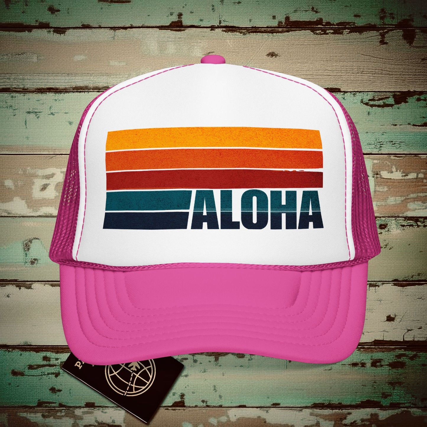Aloha Retro Stripes, Hawaii Trucker Hat Hot Pink/ White/ Hot Pink / One size