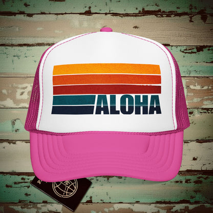 Aloha Retro Stripes, Hawaii Trucker Hat Hot Pink/ White/ Hot Pink / One size
