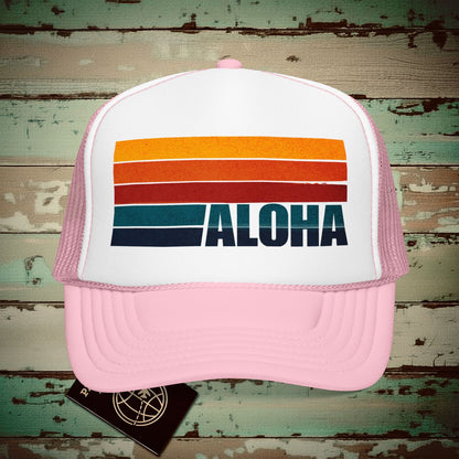 Aloha Retro Stripes, Hawaii Trucker Hat Light Pink/White / One size
